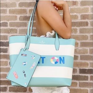 Kate Spade Splash Poolside Reversible Tote + Zip Pouch Float Blue White Stripe